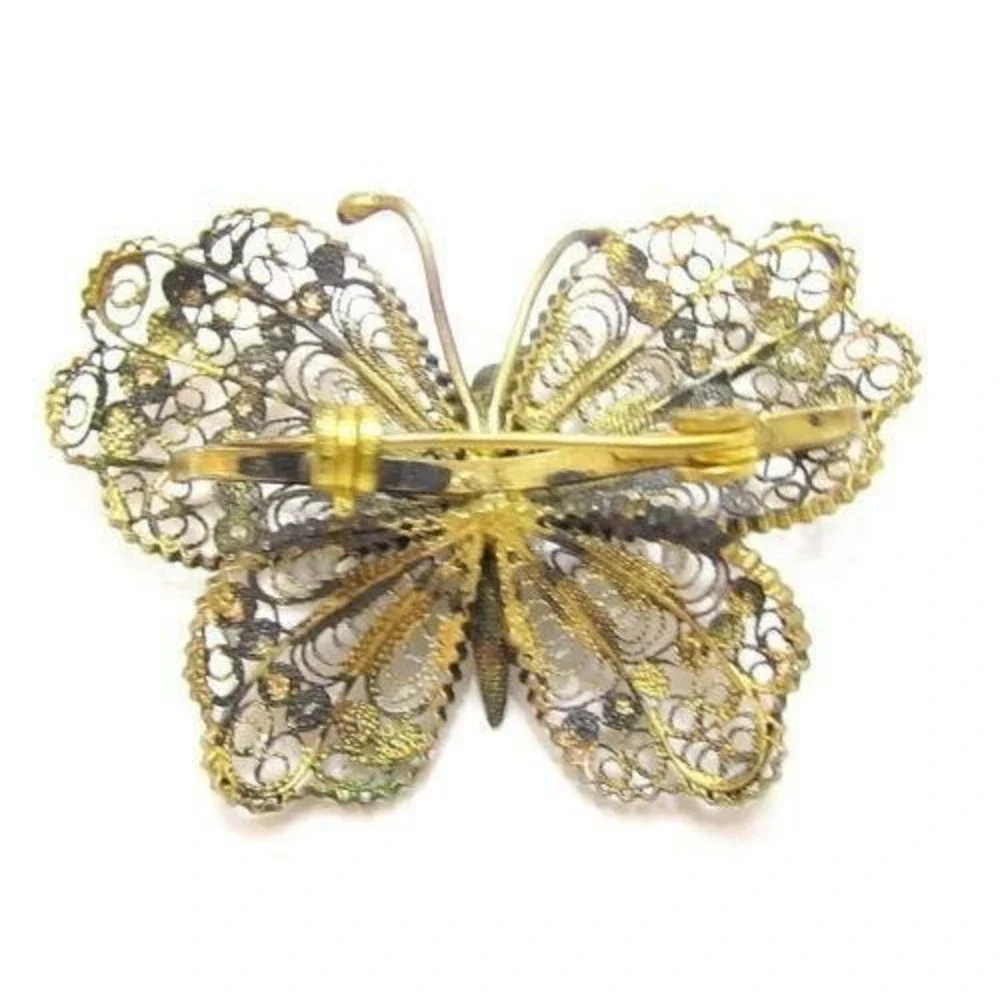 Beautiful 2 Tone Vintage Solid Silver Lacey Filigree‎ Butterfly Brooch Pin 800
